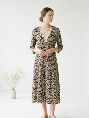 Vintage Ultra Dress Brown Black Floral Midi Cottage Peasant Prairie 12